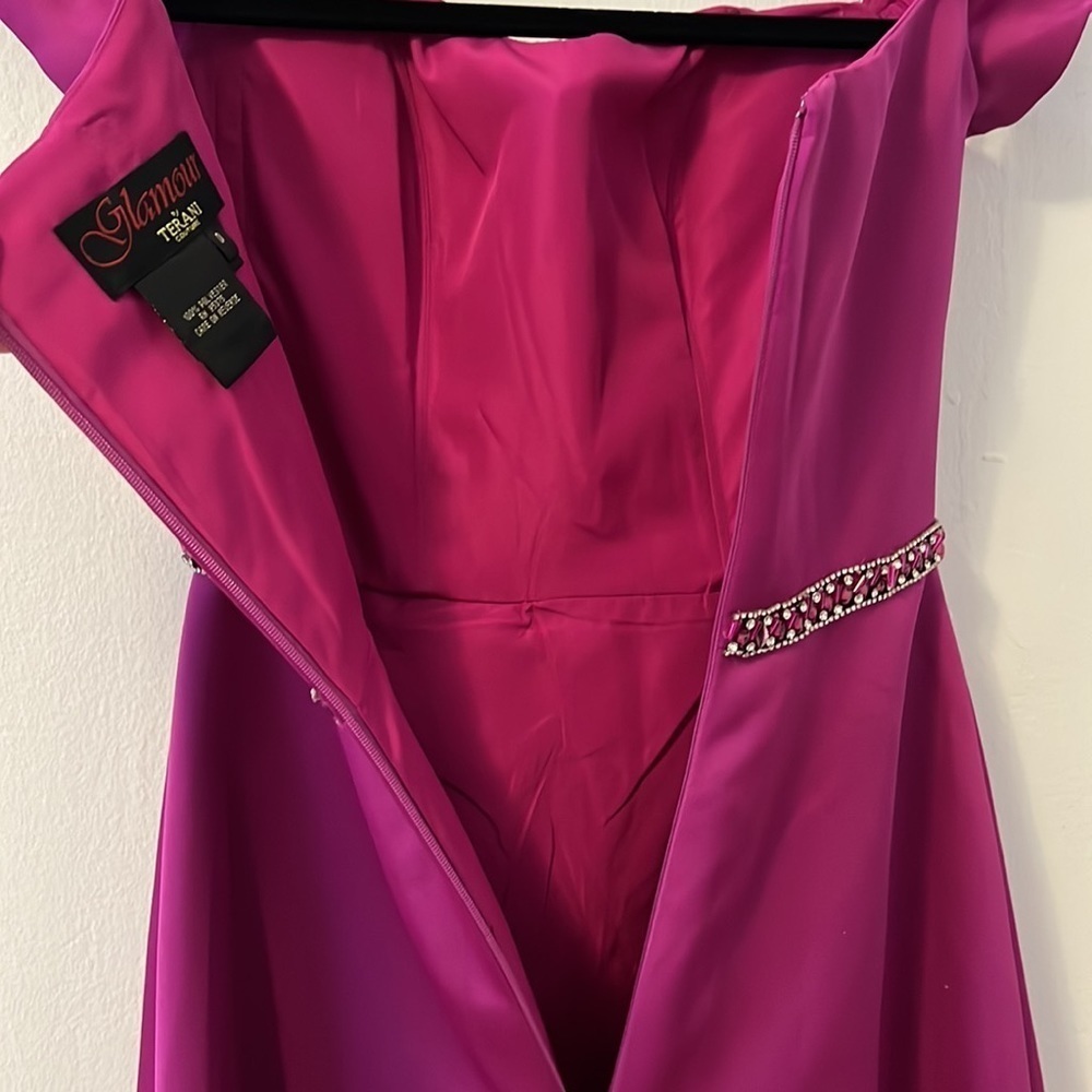 NEW Glamour Terani Couture Pink Fuchsia Off The Shoulder Beaded Gown Dress Prom - Picture 9 of 14